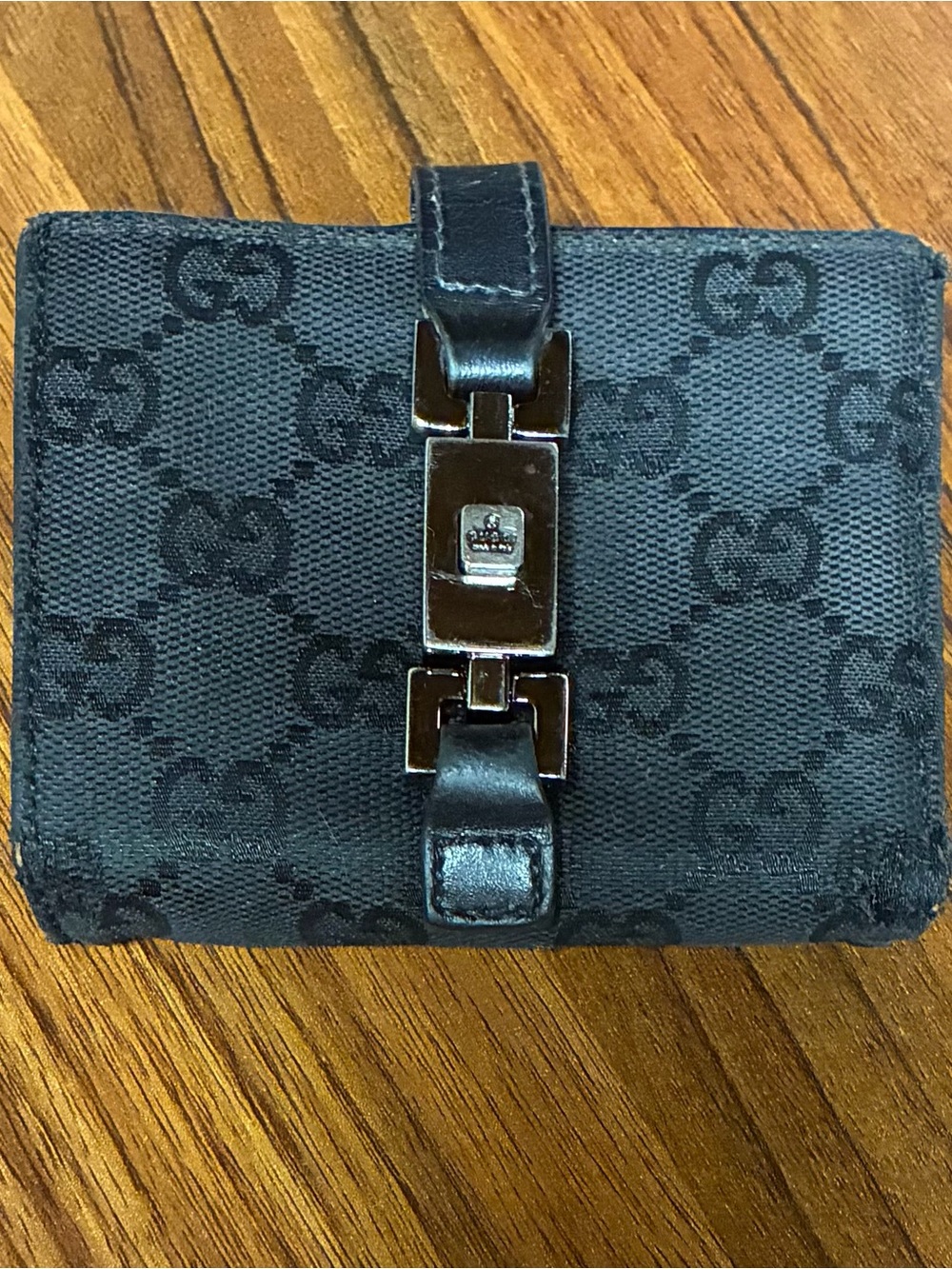 Vintage Gucci Jackie Black GG Canvas Piston Lock Bifold Wallet Made in Italy
